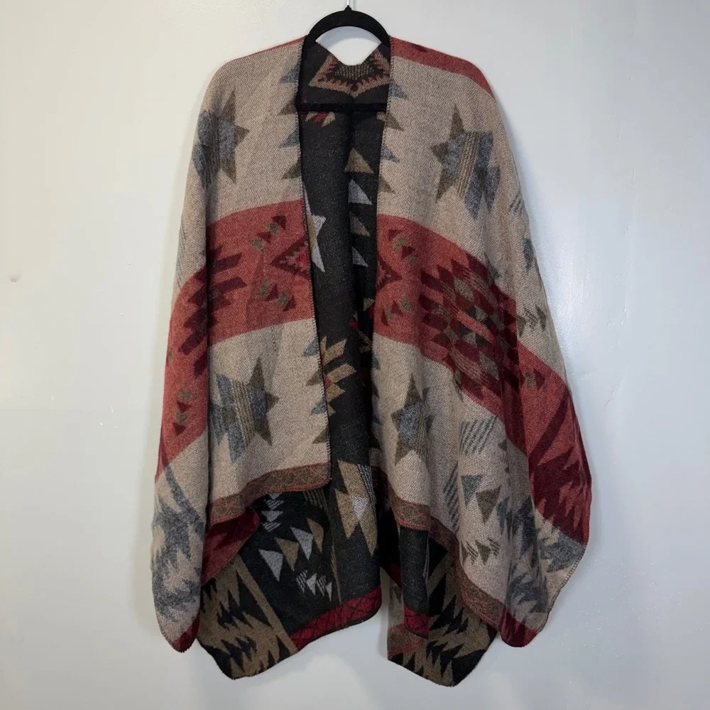 Womens Southwest Reversible Poncho Wrap Aztec Tribal Pattern Multicolor One Size